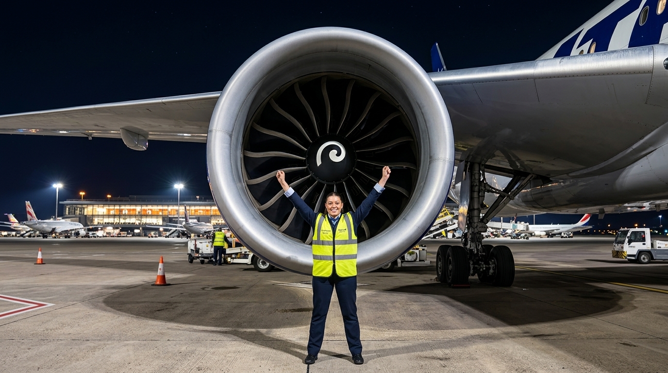 Persona frente a turbina de avión en pose de logro